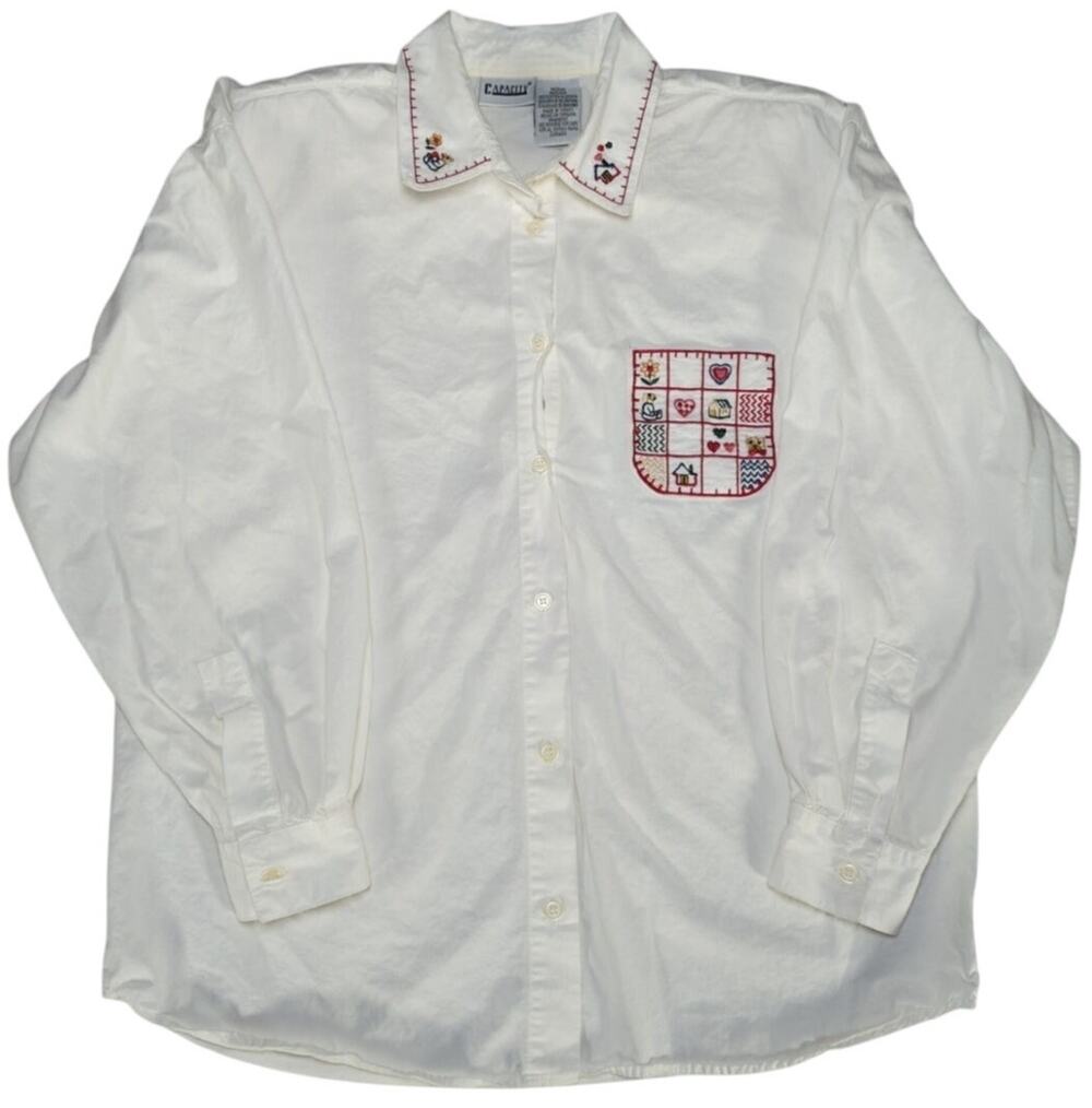 Y2K Capacity Shirt Womens M White Button Front Embroidered Collar Pocket Cotton